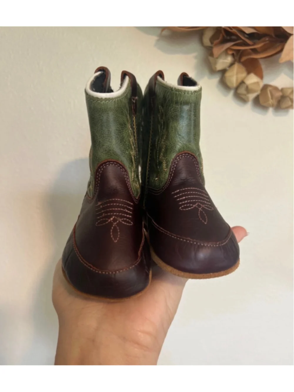 Old West Baby Western Cowboy Round Toe Boots Size 3 Brown and Green Leather